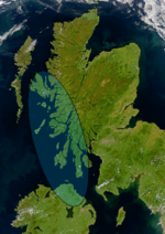 Satellite image of northern Britain and Ireland showing the approximate area of D�l Riata (shaded).