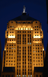 The Chicago Board of Trade Building at night.