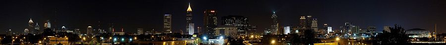 Panoramic view of the central Atlanta skyline, spanning Midtown (left) and Downtown (right).