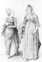 Albrecht D�rer's drawing contrasts a well turned out bourgeoise from Nuremberg (left) with her counterpart from Venice, in. The Venetian lady's high chopines make her taller.