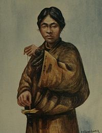 1905 illustration of a Tibetan spinning wool.