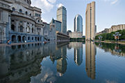 The headquarters of the Church of Christ, Scientist in the Back Bay are dominated by a reflecting pool.  The tall buildings in the background are the Prudential Tower and 111 Huntington Avenue.