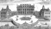 Buckingham House, c.1710, was designed by William Winde for the first Duke of Buckingham and Normanby. This fa�ade evolved into today's Grand Entrance on the west (inner) side of the quadrangle, with the Green Drawing Room above.