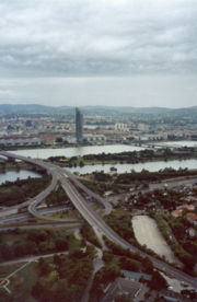 River Danube, Brigittenauer Br�cke (bridge) and Millennium Tower in Vienna (view from Donauturm)