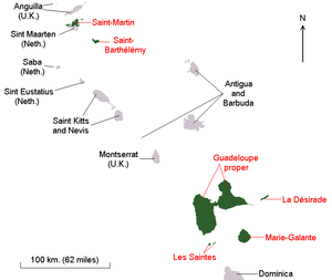 In green (with red legend) are the former constituent parts of the Guadeloupe region/department among the Leeward Islands . On February 22, 2007, Saint-Martin and Saint-Barth�lemy seceded from Guadeloupe to become autonomous French regions. Marie-Galante, La D�sirade, and Les Saintes are still part of the Guadeloupe region/department.