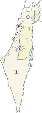 Districts of Israel: (1)�Northern, (2)�Haifa, (3)�Center, (4)�Tel�Aviv, (5)�Jerusalem, (6)�Southern