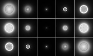 A point source as imaged by a system with negative (top), zero (center), and positive (bottom) spherical aberration. Images to the left are defocused toward the inside, images on the right toward the outside.