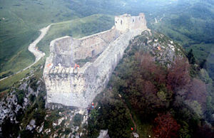 The castle of Monts�gur was razed after 1244. The current fortress follows French military architecture of the 17th century.