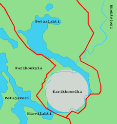 Karikkoselk� - The lake with the impact structure area in grey.