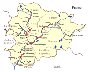 Map of Andorra with its seven parishes labeled