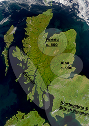 Map showing the approximate areas of the kingdom of Fortriu and neighbours c. 800, and the kingdom of Alba c. 900