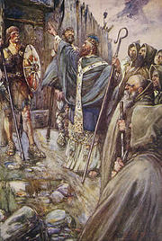 An early 20th century depiction of Columba's miracle at the gate of King Bridei's fortress, described in Adomn�n's late 7th century Vita Columbae.