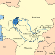 Map: lake boundaries c. 1960 with present-day political boundaries. Countries with any land draining into the lake are in yellow.