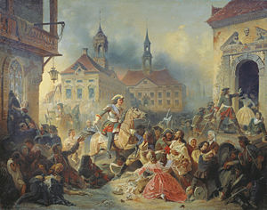 Peter I of Russia pacifies his marauding troops after taking Narva in 1704 by Nikolay Sauerweid, 1859