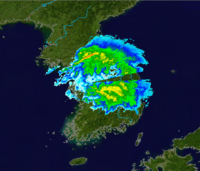 Radar image of Severe Tropical Storm Ewiniar near landfall in South Korea