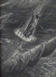 One of a set of engraved metal plate illustrations by Gustave Dor�: the Mariner up on the mast in a storm.