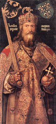 A portrait of Charlemagne by Albrecht D�rer that was painted several centuries after Charlemagne's death, the coat of arms above him show the German eagle and the French Fleur-de-lis.