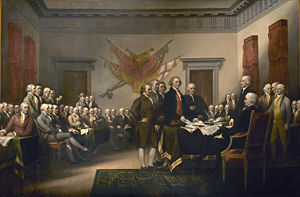 John Trumbull depicts the Committee of Five presenting their work to the Congress.