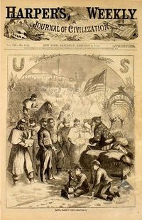 Santa Claus hands out gifts during the American Civil War in Thomas Nast's first Santa Claus cartoon, Harper's Weekly, 1863.