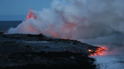 Lava entering the sea to expand the big island of Hawaii, Hawaii Volcanoes National Park.