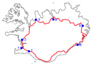 The Ring Road of Iceland and some towns it passes through:  1.Reykjavík, 2.Borgarnes, 3.Blönduós, 4.Akureyri, 5.Egilsstaðir, 6.Höfn, 7.Selfoss