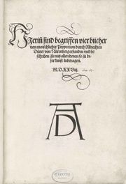 Title page of Vier B�cher von menschlicher Proportion showing the monogram signature of Albrecht D�rer