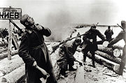 Soviet soldiers preparing rafts to cross the Dnieper (the sign reads "To Kiev!") in the 1943 Battle of the Dnieper