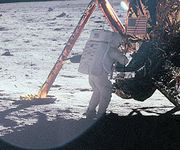 Neil Armstrong works at the LM in one of the few photos taken of him from the lunar surface. NASA photo as 11-40-5886.