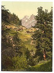 The Zmutt Valley and the Mischabelh�rner (or Mischabel) mountains in the canton of Valais.  The image is from a photochrom postcard (circa 1890).