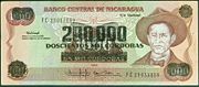 A 1000 C�rdoba banknote, which was re-printed with a value of 200,000 C�rdobas during the inflationary period of the late 1980s.