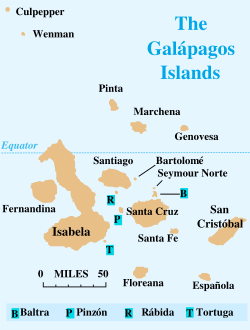 Map of the Gal�pagos archipelago showing the names of the islands.