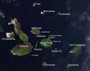 Satellite photo of the Gal�pagos islands overlayed with the names of the visible main islands.