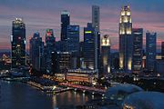 The Downtown Core at dusk, the civic and business district of Singapore.