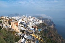 Greece enjoys a typical sunny and warm Mediterranean Climate (View from Fira, the capital of Santorini).