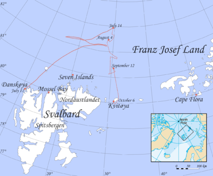 Map of the path followed by the 1897 expedition: north by balloon from Danskøya, then south on foot to Kvitøya. Please click on map to enlarge it.