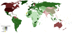 Map showing the popularity of football around the world. Countries where football is the most popular sport are coloured green, while countries where it is not are coloured red. The various shades of green and red indicate the number of players per 1,000 inhabitants.