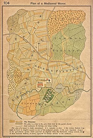 Generic plan of a mediaeval manor; open-field strip farming, some enclosures, triennial crop rotation, demesne and manse, common woodland, pasturage and meadow