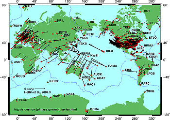 Plate motion based on Global Positioning System (GPS) satellite data from NASA JPL. Vectors show direction and magnitude of motion.