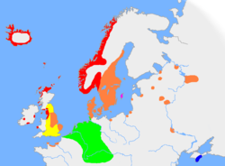 The approximate extent of Old Norse and related languages in the early 10th century: ����� Old West Norse dialect  ����� Old East Norse dialect  ����� Old Gutnish dialect  ����� Crimean Gothic  ����� Old English  ����� Other Germanic languages with which Old Norse still retained some mutual intelligibility 