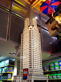 A Chrysler Building replica made entirely of Lego bricks, on display at the Times Square location of Toys "R" Us in New York City.