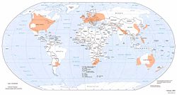 Areas worldwide where tornadoes are most likely, indicated by orange shading.