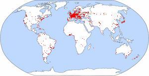 A map showing possible lodgings and hosting locations by Pasporta Servo in 2005.