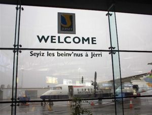 Jersey Airport greets travellers with "Welcome to Jersey" in J�rriais.