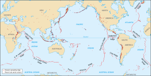 Map showing the divergent plate boundaries (OSR – Oceanic Spreading Ridges) and recent sub aerial volcanoes.