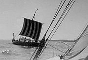 A longship tacking in the wind