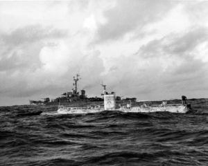 Bathyscaphe Trieste, before her record dive to the bottom of the Marianas Trench, 23 January 1960.