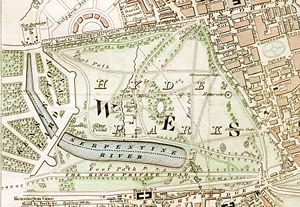 Hyde Park ca. 1833: Rotten Row is "The King's Private Road".