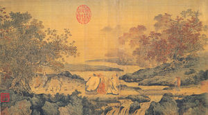 Confucianism, Taoism, and Buddhism are one, a painting in the litang style portraying three men laughing by a river stream, 12th century, Song Dynasty.