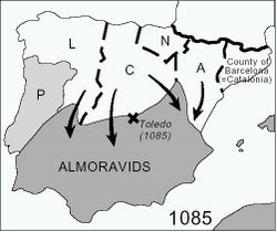 Map of the Iberian Peninsula at the time of the Almoravid arrival in the 11th century- Christian Kingdoms included Arag�n, Castile, Leon, Navarre, and Portugal