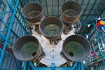 The five F-1 engines on the rear of the Saturn V rocket, on display at the Kennedy Space Center